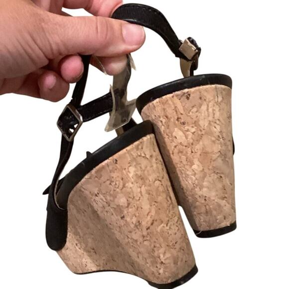 Trotters Womens Wedge Sandals US 8 Slingback Black Tan Cork Heels Beachy Resort - Picture 7 of 10
